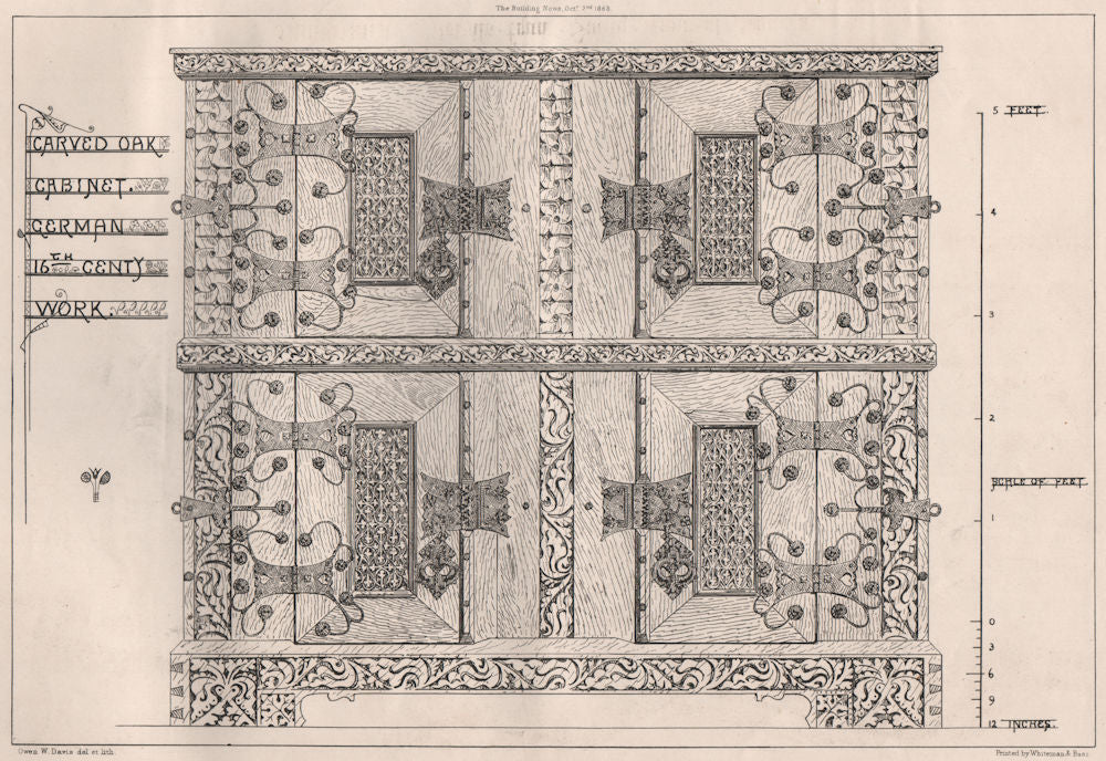 Carved oak cabinet, German 16th Centy. Work. Trees 1868 old antique print